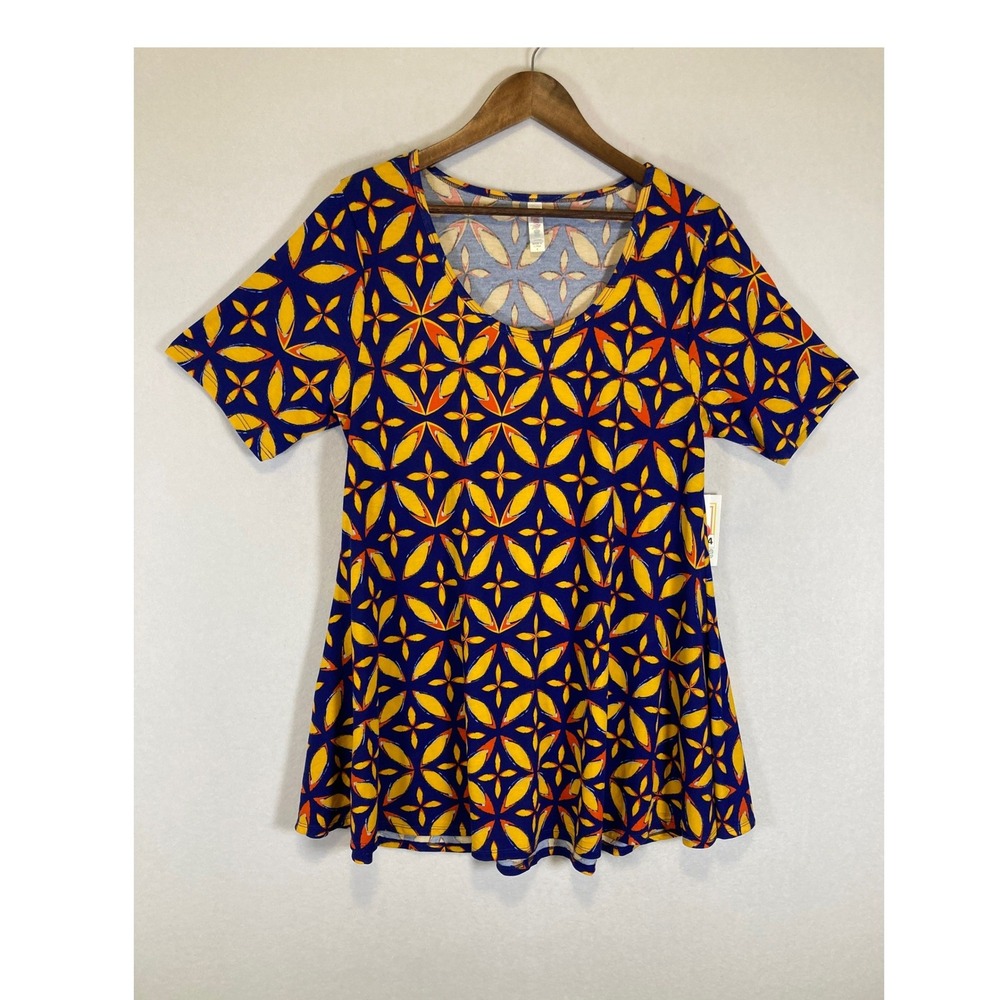 Mod LuLaRoe NWT Women Large Blue Yellow Geometric Floral Short Sleeve Perfect T